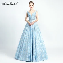 Seksowne suknie wieczorowe Maxi Dubai Sky Blue luksusowe kobiety V Neck bez pleców Crystal frezowanie formalne sukienki na przyjęcie Robe De Soiree 5133