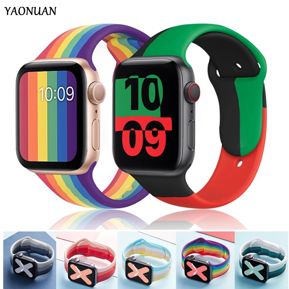 Ремешок Rainbow спортивный силиконовый для Apple Watch band 42 мм 38 черный браслет 40 44 45 41 Series