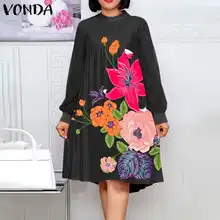 

Women Knee-Length Dress 2022 VONDA Holiday Robe Casual Long Sleeve Dresses Vintage Bohemian Party Vestidos Oversized Sundress