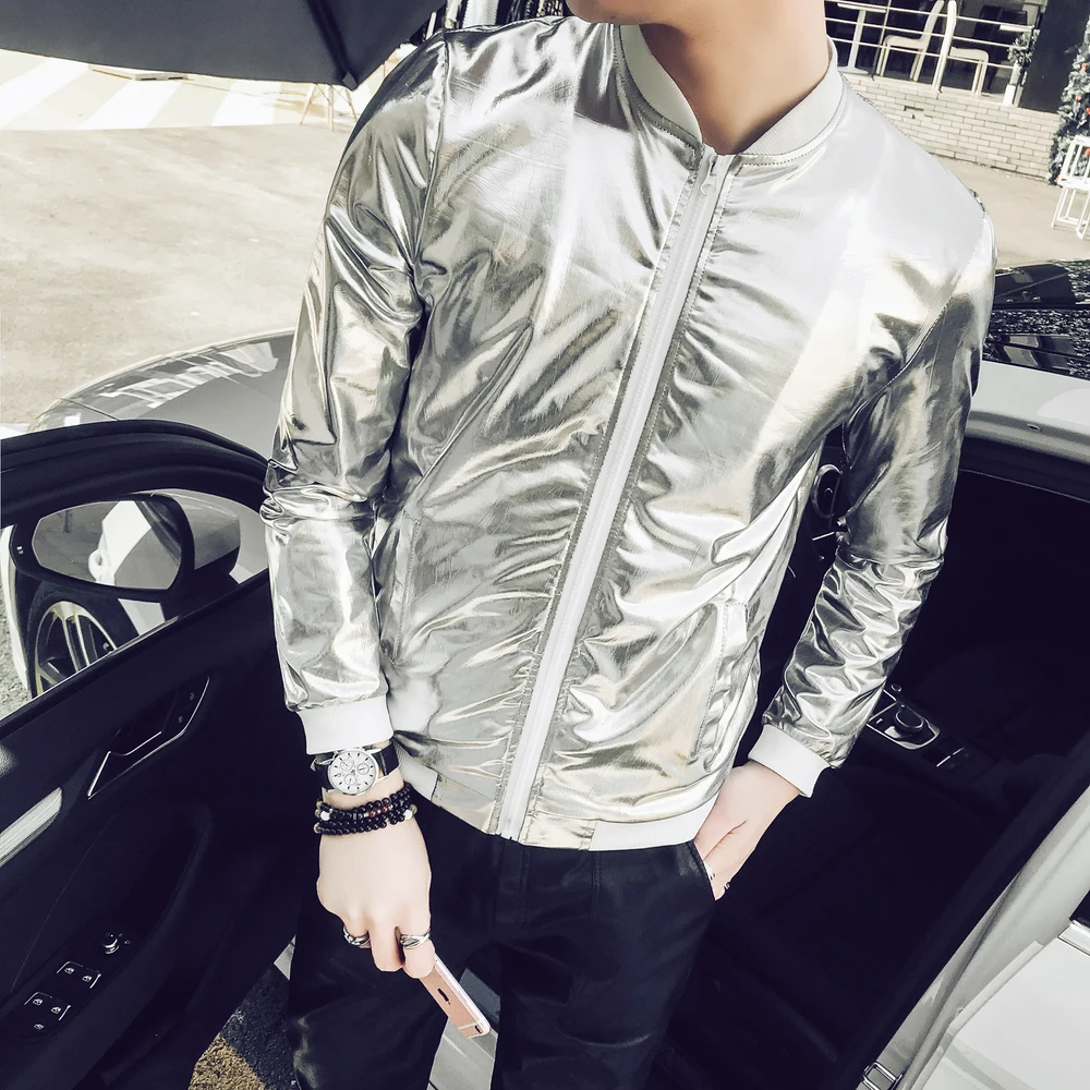 Ceny Letni mężczyzna Bomber Jacket Fashion 2018 Slim odzież chroniąca przed słońcem złoty srebrny Shining kurtki męskie Plus rozmiar 5XL etap płaszcze