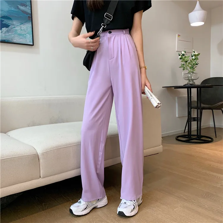 

Spring Summer 2020 Women Violet Purple Pants Thin Suit Straight Pants High Waist Casual Wide Leg Pants Loose Lilac Trousers