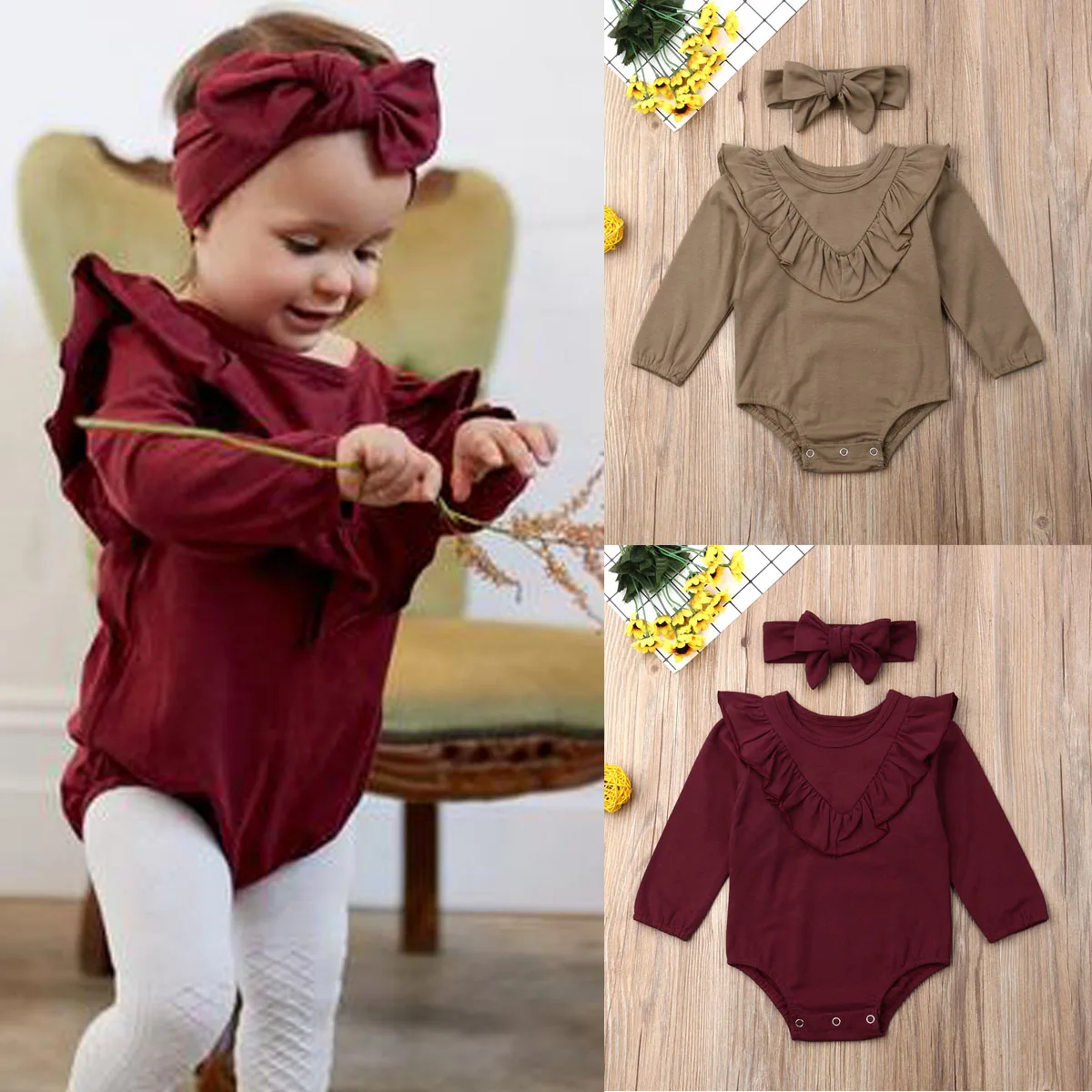 Осенний хлопковый боди с длинными рукавами и круглым вырезом для новорожденных и маленьких девочек, повязка на голову, комплект одежды из 2