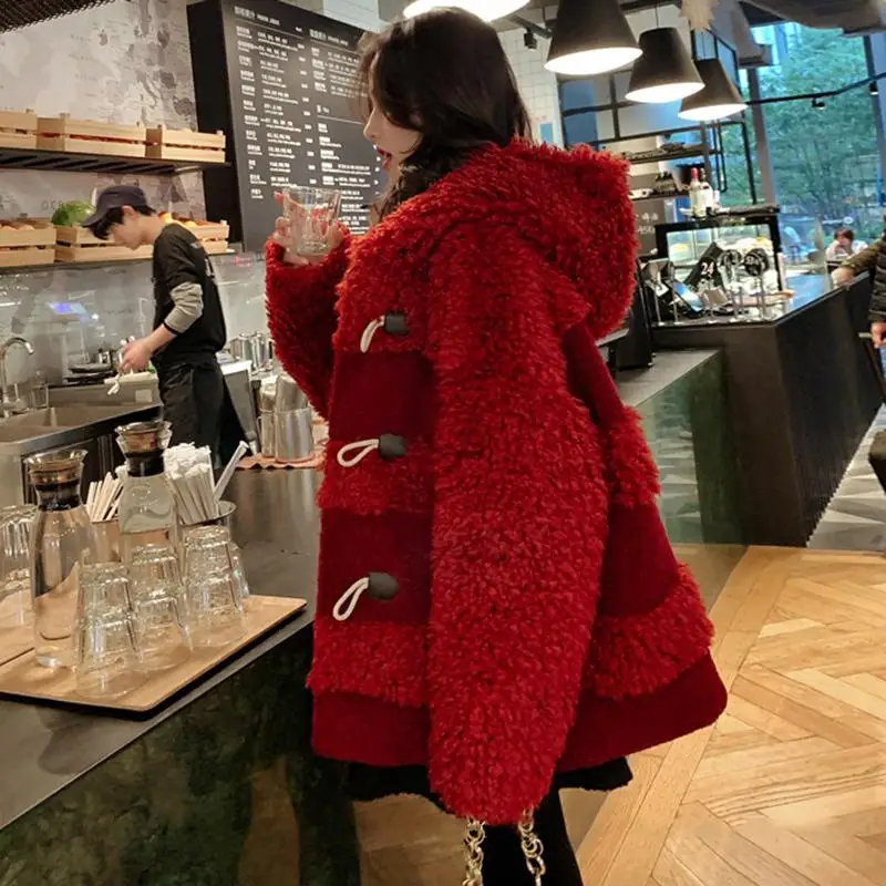 Новинка, женское осенне-зимнее элегантное красное мохнатое пальто из искусственного меха, женское толстое теплое плюшевое пальто с капюшоном, верхняя одежда из овечьей шерсти H119