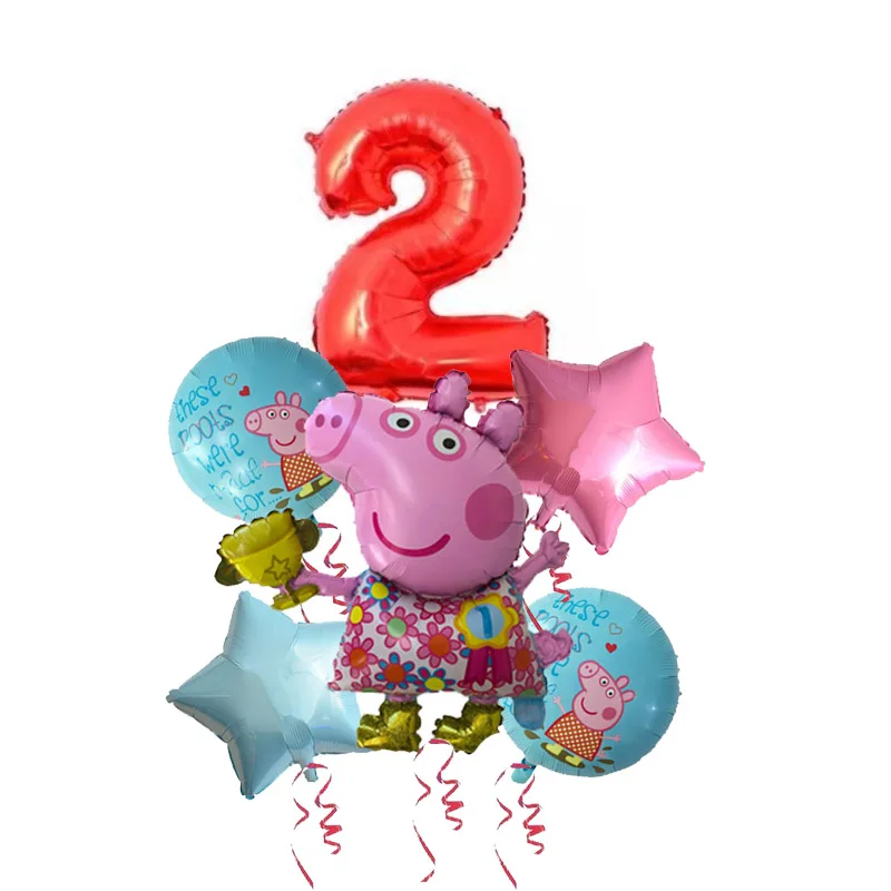 6pcs Cartoon Peppa Pig Foil Balloons 32inch red 0-9 Baby Boy Girl Helium Globos Happy Birthday Party Room Decorations Kids Toys