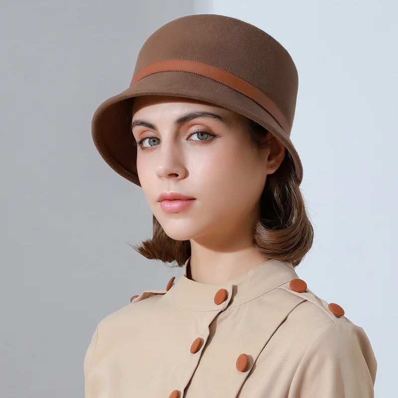 

X4047 Fashion Wool Fedora Hat Belt Metal Buckle Fisherman Hat Women's Ring Top Short Brim Basin Caps Adult Bucket Wool Hat