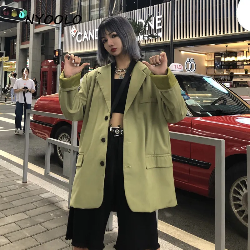 NYOOLO Винтаж уличная большой карман свободный зеленый Блейзер осень длинный рукав однобортный Блейзер женская одежда верхняя одежда