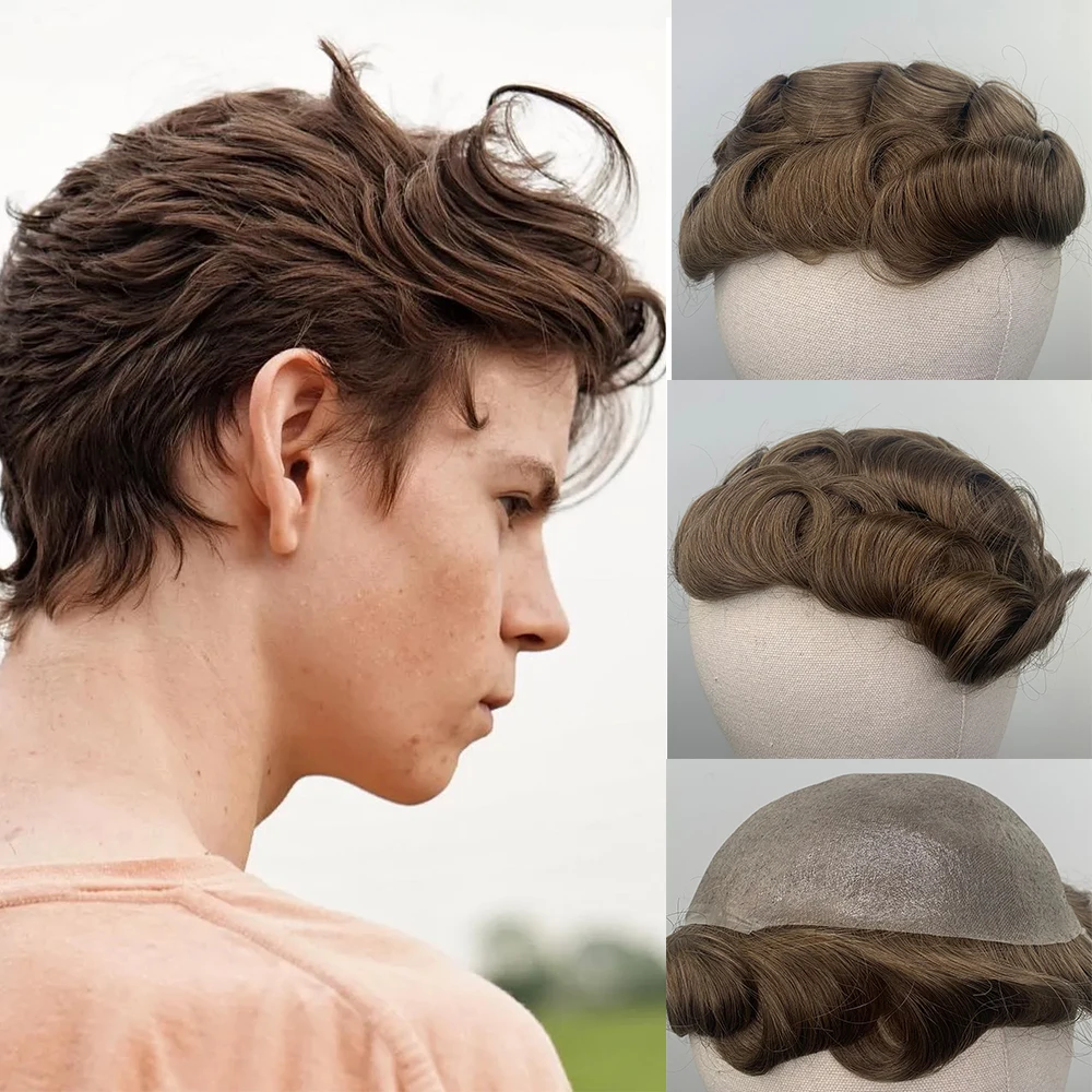 

YY Wigs #30R Brown Men Toupee Skin PU Soft Thin PU 30MM Remy Free Parting Human Hair Wigs for Man Replacement System Hairpiece