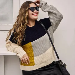 DOIB Women Winter Sweaters Plus Size Round Neck Full Sleeve Patchwork Coloring Autumn Large Size Sweaters 3XL Pullovers DOIB Women Winter Sweaters Plus Size Round Neck Full Sleeve Patchwork Coloring Autumn Large Size Sweaters 3XL Pullovers