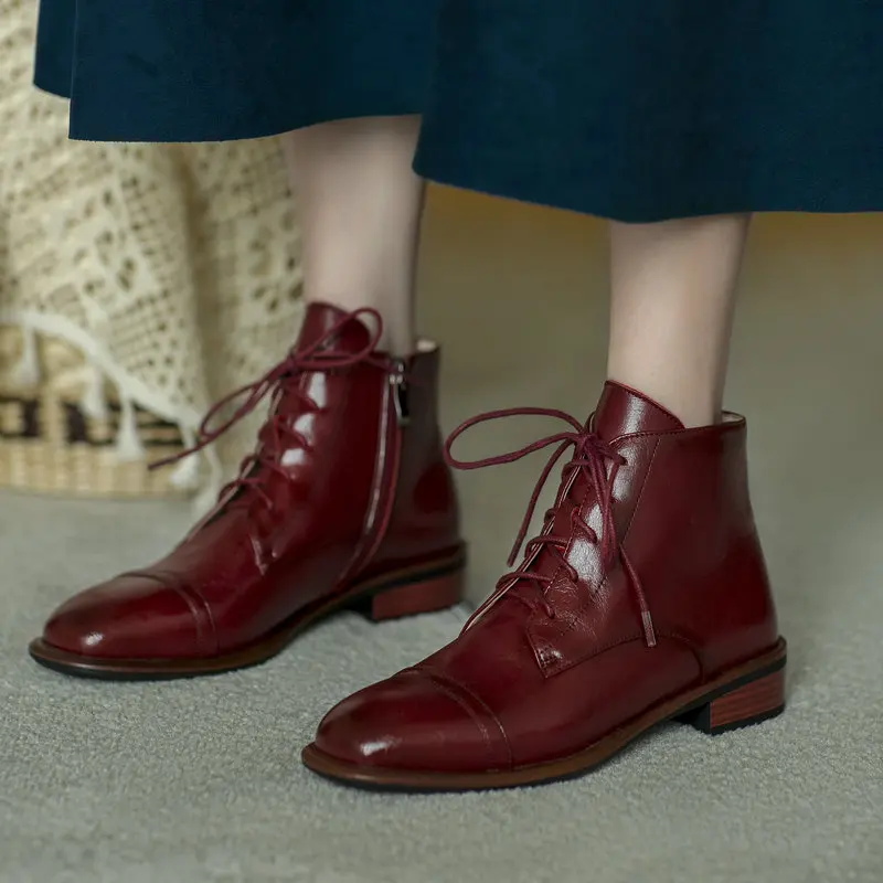 Fashion Red Boots High Quality Cow Leather Buckle Lace-up Round Toe Women's Shoes Handmade New Ankle Boots