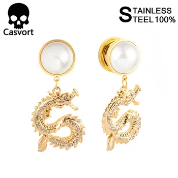 

Casvort 2PCS Dragon Dangle Ear Plugs Tunnels 316L Stainless Steel Ear Gauges Expander Women Body Jewelry Piercing Earrings