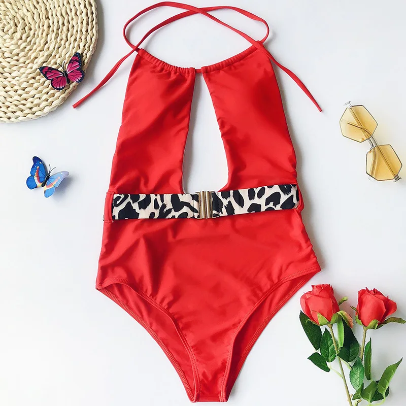 B2386 INGAGA Leopard Cut Out One Piece Swimsuit String Halter Swimwear Women Vogue Belt Bathing Suit Sexy Backless Beach Bathers - Цвет: B2386