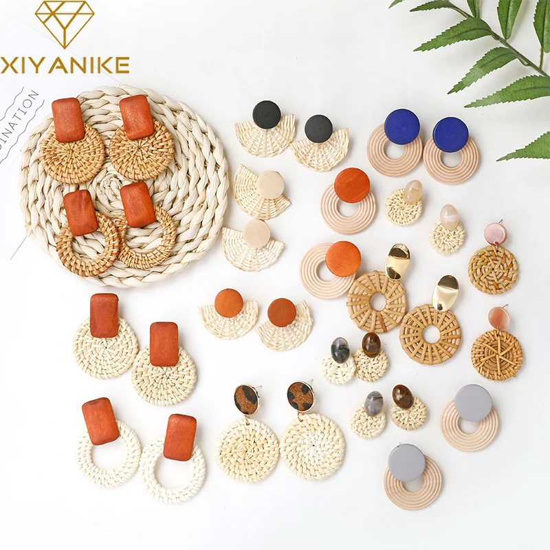 

XIYANIKE Multiple New Fashion 2019 Korea Handmade Acrylic Wood Pendant Drop Earrings Rattan Vine Knit Long Earrings For Women
