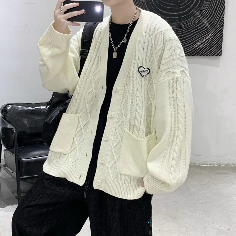

Cable-Knit Sweater Cardigan Men Fashion V-neck Big Pockets Mens Knitted Long Sleeve Casual Sweatercoat Couple Sportswear Jacket
