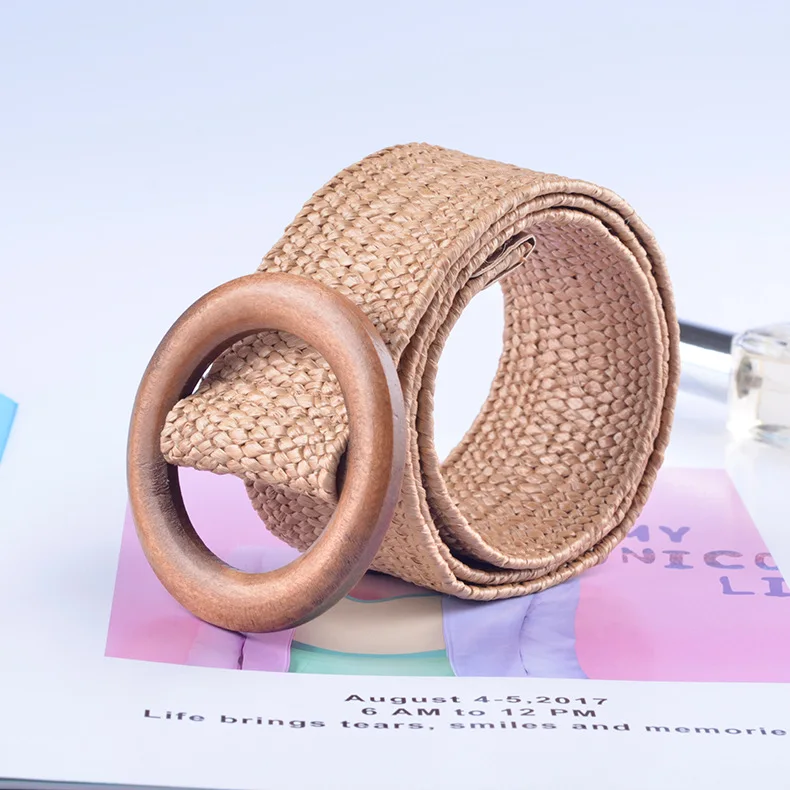 

Round Wooden Buckle Dress Belt for Women Casual Female Braided Wide Strap Female Designer Woven Girls Elastic PP Straw Belts HOT