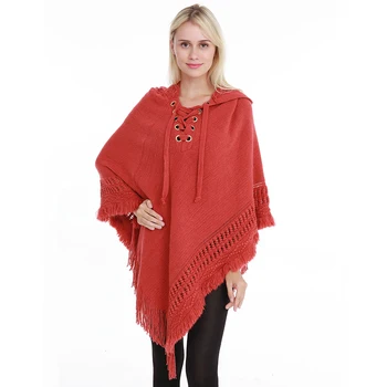 

2019New Ladies Hooded Poncho Solid Color Cape With Rope Tassel Crochet Knitting Poncho For Women Pullover