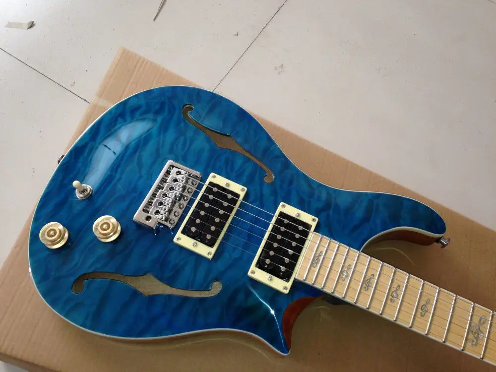 Высокое качество F полый корпус 6 stings электрогитара, синий цвет Тигр Пламя Топ, клен гриф джазовая гитара