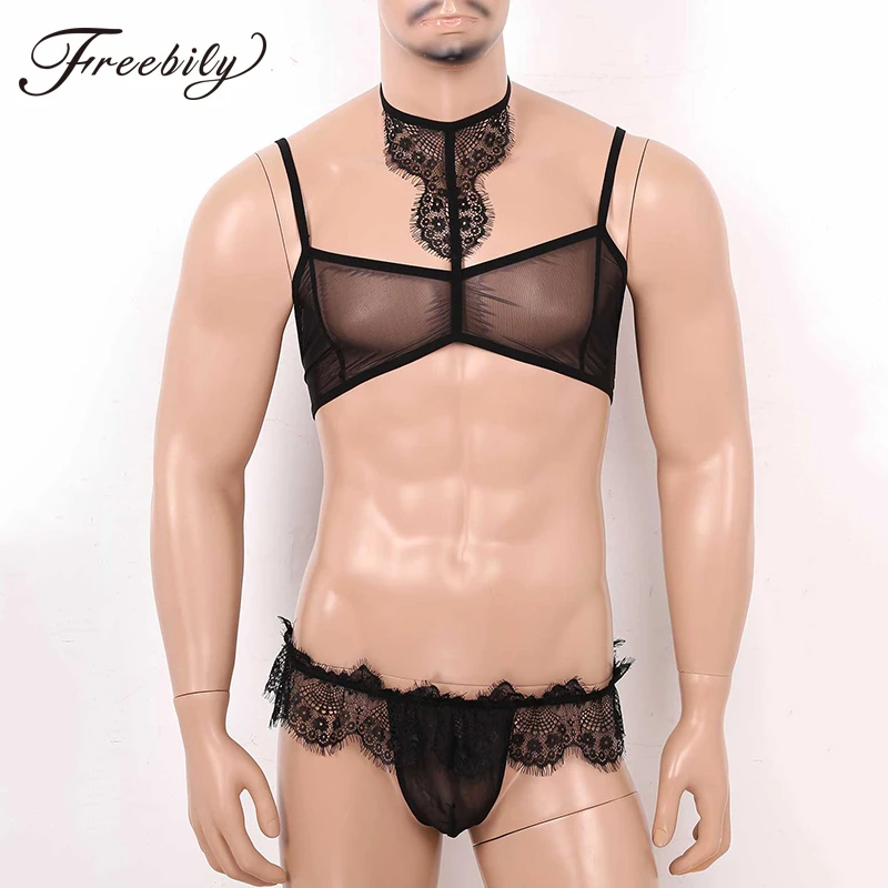 Sexy Mens See Through Sheer Mesh Lace Lingerie Set Nightwear Halter Neck  Shoulder Straps Bra Top Briefs Sissy Erotic Underwear - Exotic Sets -  AliExpress