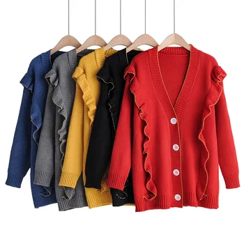 

Women Sweater Knitted Long Sleeve V Neck Ruffle Cardigans Autumn Winter Oversized Christmas Sweater