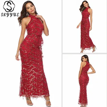 

Skyyue Evening Dresses Sleeveless Tank Floor-Length Robe De Soiree YM067 Sequined High Collar Burgundy Mermaid Formal Gowns
