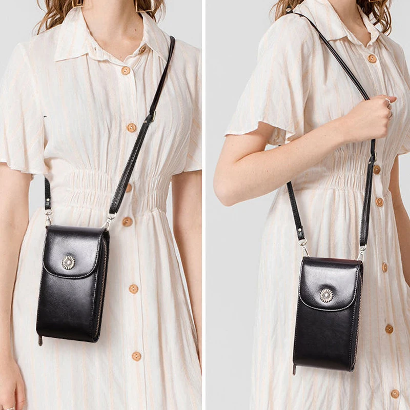 Oil Genuine Leather Small Crossbody Wallets for Women Card Holder Multi Zipper Pocket Cell Phone Purse Ladies Sholder Bag 2