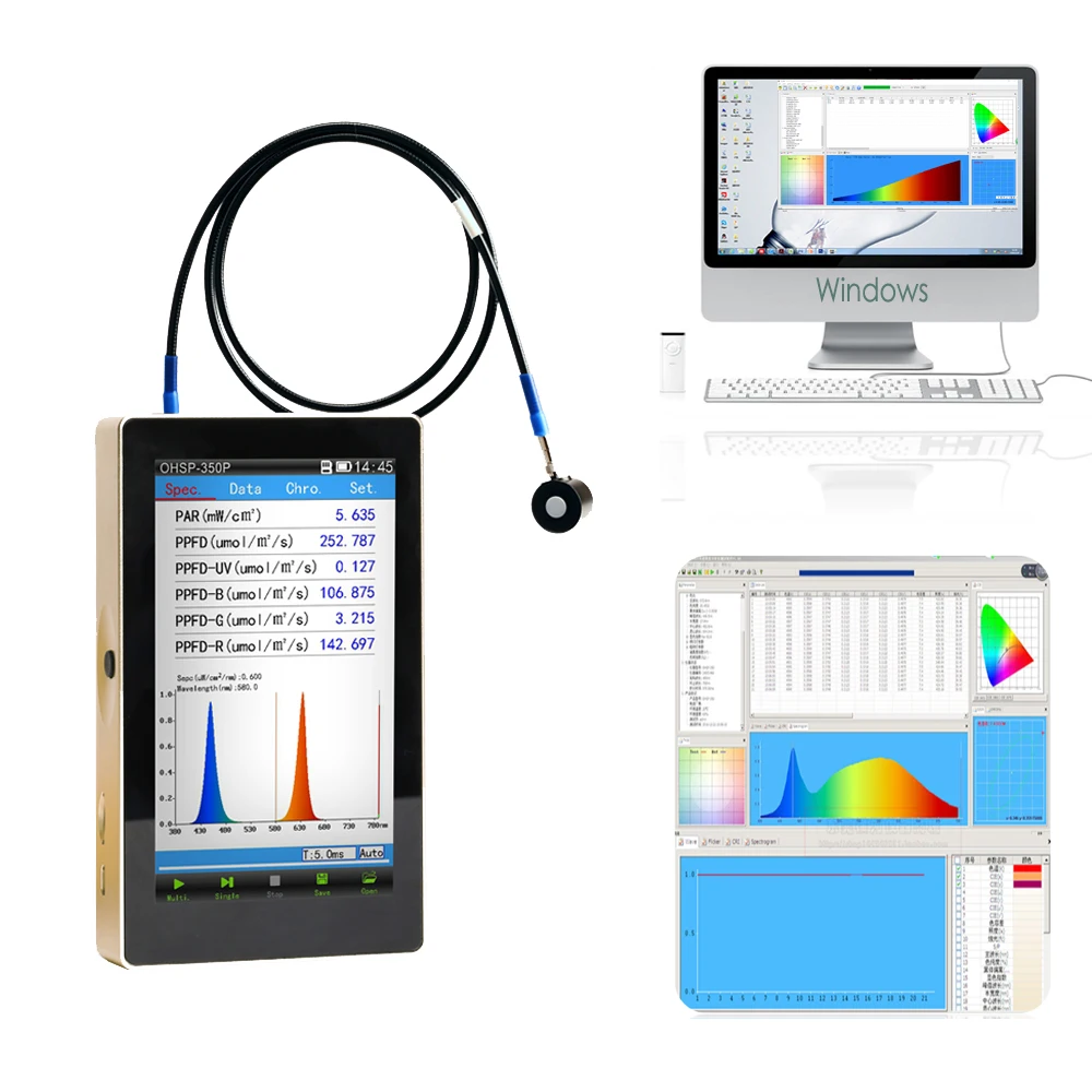 Hopoocolor 파 계량기 조명 PPFD 측정 분광계, OHSP-350P CRI 계량기 CCT, 350nm-800nm