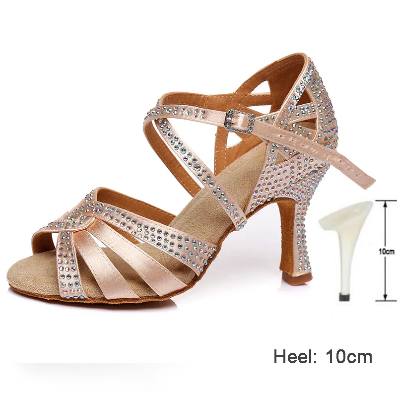 10CM heels Skin HROYL Для женщин Латинская танцевальная обувь для девушек и женщин; с Стразы Танго Танцы обувь 10/8. 5/7. 5/6 см каблуке; Прямая поставка - Color: 10CM heels Skin