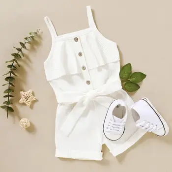 

Summer Baby Girls Cotton Sleeveless Sling Solid Color Single-Breasted Rompers One-Pieces