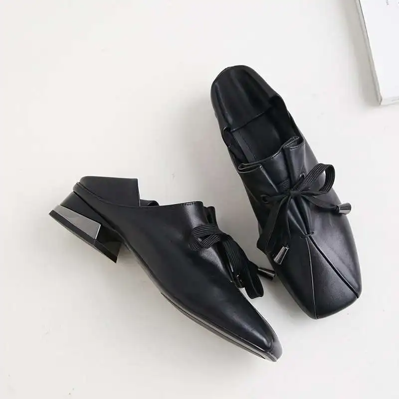 Pot plus size genuine leather low heels lace up classic square toe chunky low heels pumps vintage party casual shoes L86 - Color: Black