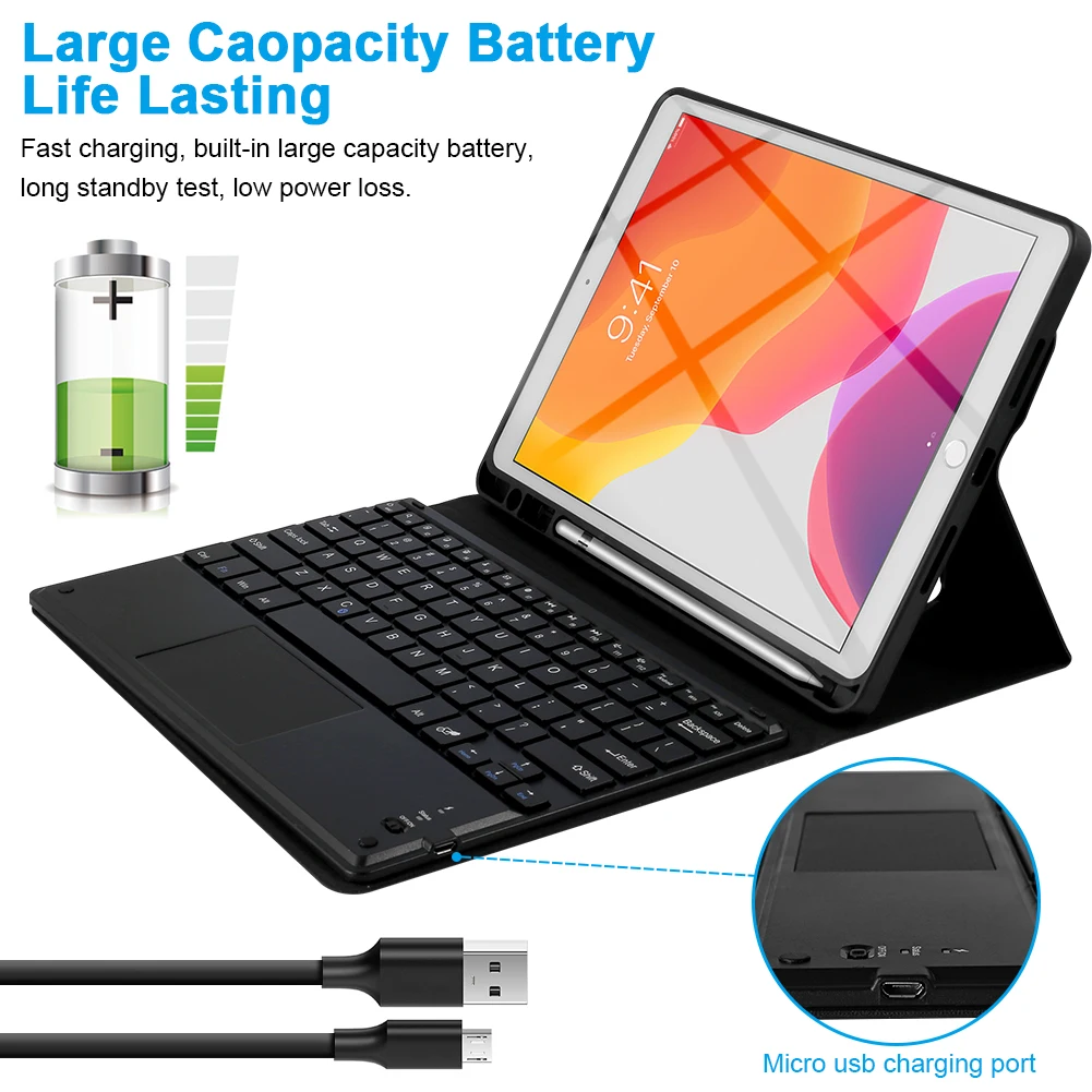 Для iPad 10,2 дюймов клавиатура сенсорная Bluetooth клавиатура и черный кожаный чехол для планшета защитный чехол испанский США французский русский