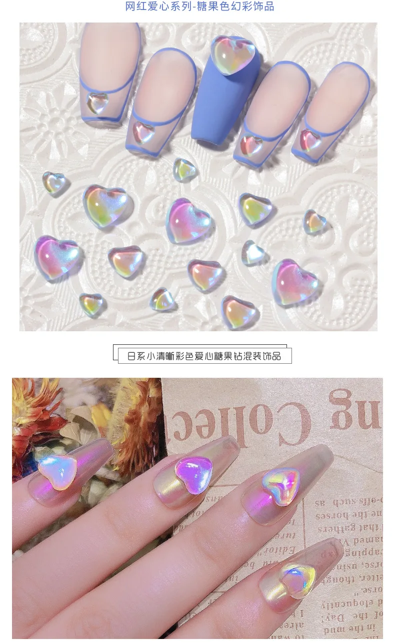 FlorVida 20pcs Sweet Heart Mermaid Rhinestone Beads Holographic Crystal Gems Stones For Nail Art Decorations Mix Size Box Kawaii