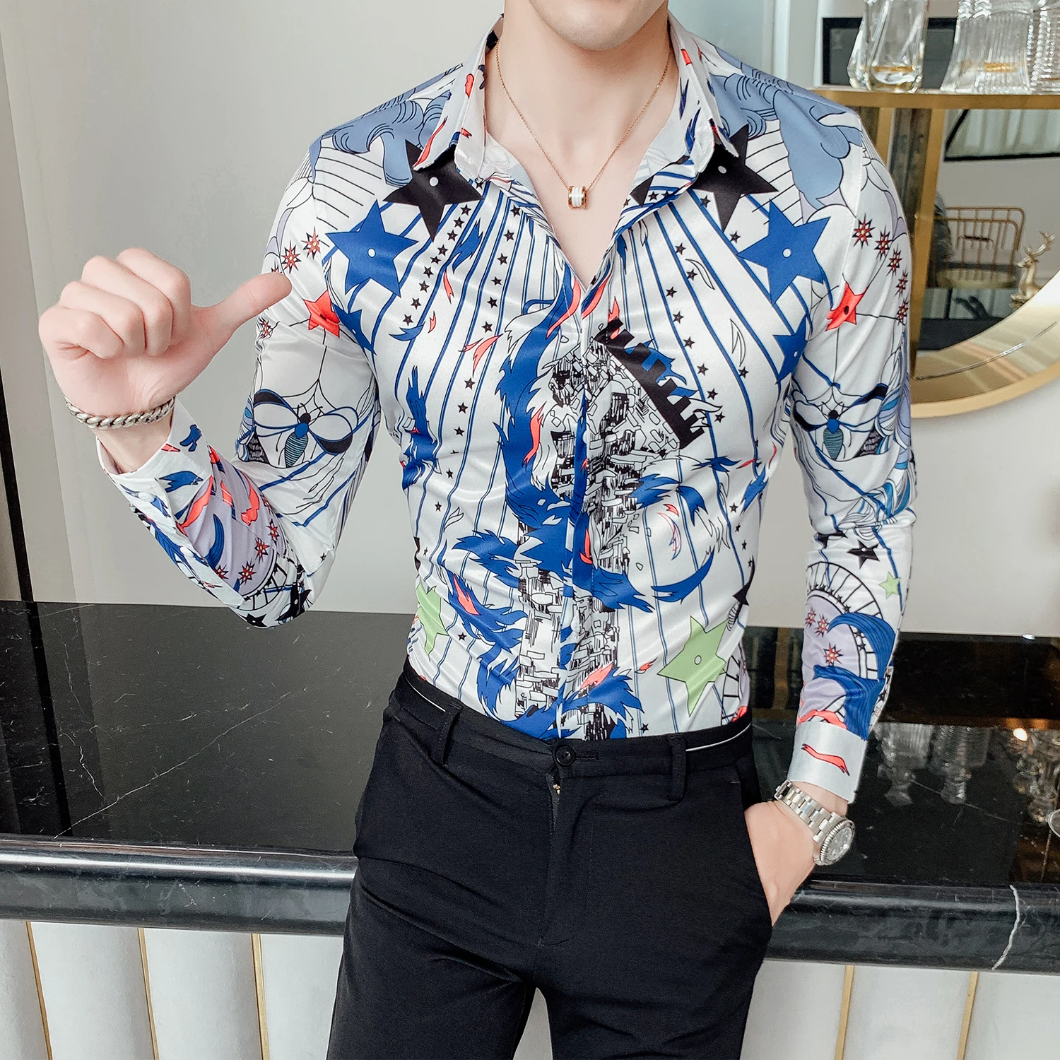 Повседневная Облегающая рубашка Camisa Masculina мужская уличная сорочка футболка с длинными рукавами Мужская рубашка с цветочным принтом гаитские звезды печать