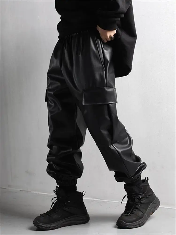 Men's Cargo Leather Pants Fall Winter Classic Pocket Decoration Loose Oversized