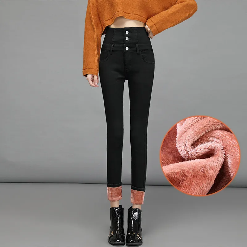 Velvet Black Вельветовые толстые теплые черные джинсы с высокой талией для женщин; большие размеры; зимние узкие Стрейчевые узкие брюки; джинсовые брюки с начесом - Цвет: Velvet Black
