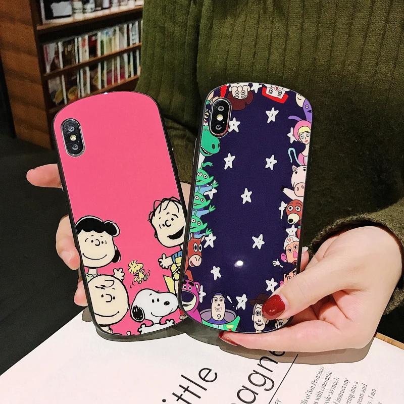 

For Iphone 6 7 8 S Plus X XR XS XSMAX Funny Cartoon Snoopy Tempered Glass Cell Phone Case TPU Silicone Anti-Fall Protective Case