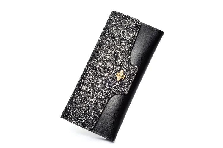 Long Wallet Wristband Women Purses Sequins Zipper Coin Purse Card Holder Wallets Female High Quality Clutch Money Bag PU Leather