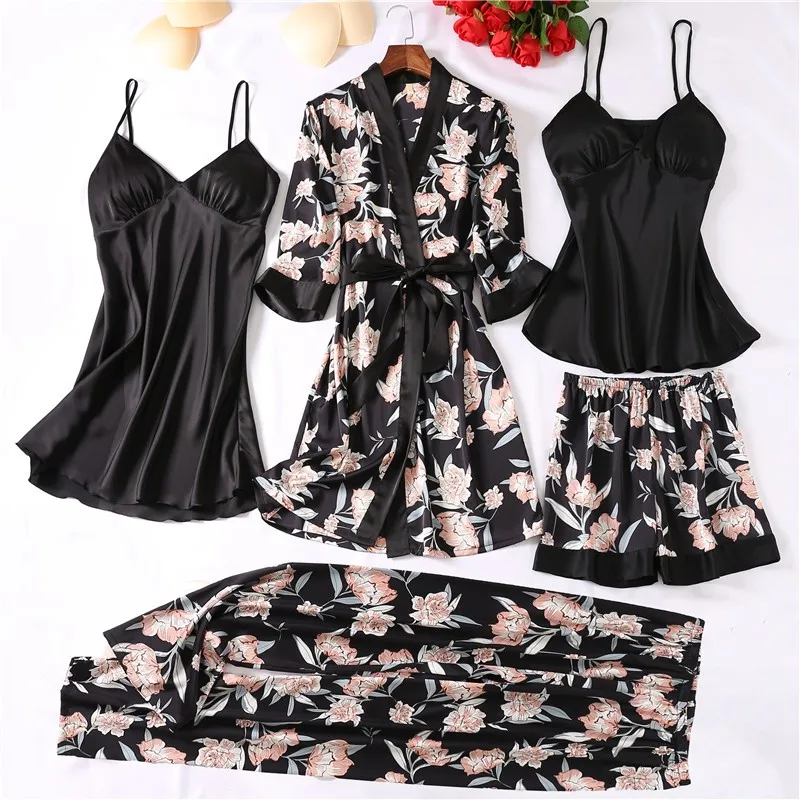 Women Robe Sets Sexy Sleepwear Satin Silky Nightwear Kimono Bathrobe Gown Print Flower Intimate Lingerie Loungewear women sleepwear bride robes silk robe sleepwear pajamas