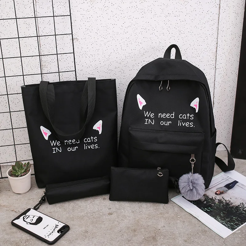 Напрямую от производителя, распродажа, комплект из четырех предметов для котенка, Холщовый Рюкзак, школьная сумка, Женская водонепроницаемая сумка с рисунком в Корейском стиле, стиль
