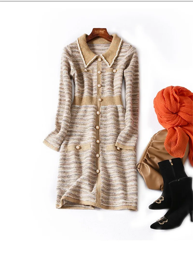 Модное Новое Женское платье на осень и зиму, дизайнерское элегантное платье с длинным рукавом, Полосатое вязаное платье-свитер