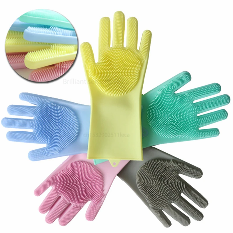 Guantes de silicona reutilizables para lavar platos, guantes para fregar platos, guantes de limpieza para cocina y baño, 1 par|Guantes para el hogar| - AliExpress