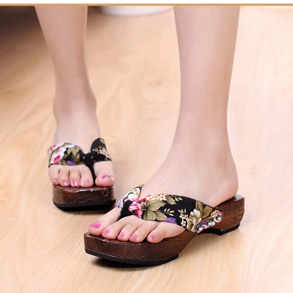 

Japanese Style Hibiscus Thick High Heel Slippers Summer Platform Shoes Wood Women Sandals Clog Wooden Slippers Flip Flops #T