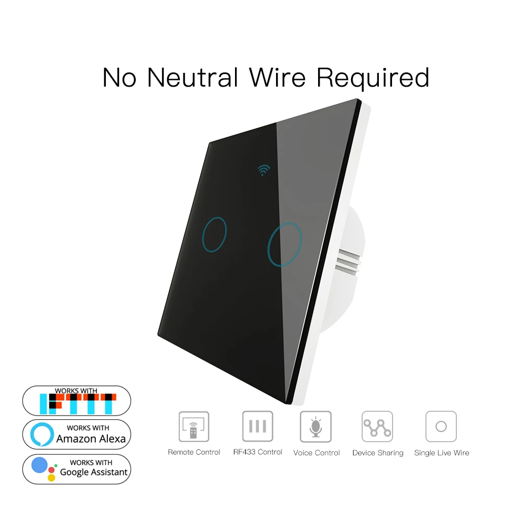 2 Gang Black Черный WiFi умный настенный выключатель без нейтрального провода, нужен беспроводной смарт-пульт дистанционного управления Tuya с Alexa RF433 - Комплект: 2 Gang Black