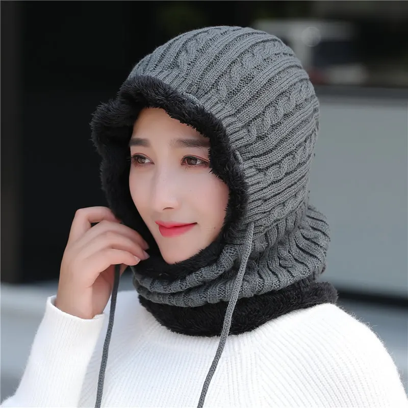 New Unisex Winter Knitted Hat Neck Protection Beanie Cap Add Fur Lined Warm Hats For Men Women Balaclava Cap Windproof warm hat 