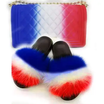 

2020 new fur slippers with bags set Fur Slides and Bags Furry Slides for Women Fuzzy Slippers Peluche Socofy Summer Sandals