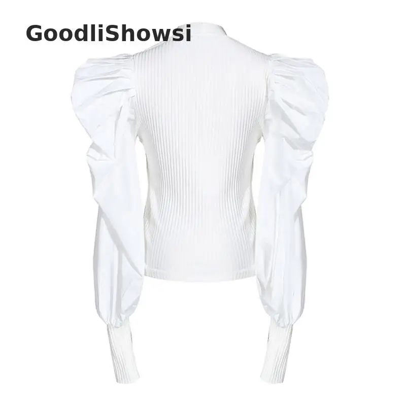 GoodliShowsi, весна, модные пышные вязанные топы, однотонный цвет, воротник-макет, длинный рукав, повседневные, шикарные, женские обтягивающие, облегающие, вязаные