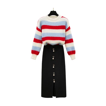 

new van two-piece sweet fashionable stripe knit sweater black skirt leisure women suits knitwear top outfit set clothing