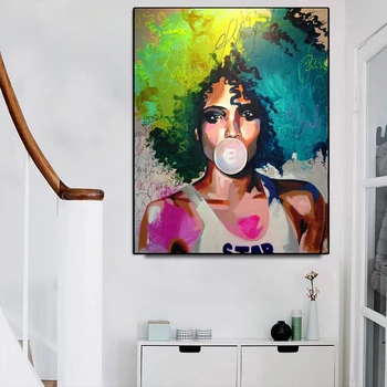 

Colorful Africa Woman Graffiti Art Posters and Prints on Canvas Painting Blow Pink Bubbles Gum Wall Art Picture Home Decor