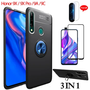 

3-in-1, Glass+Magnetic phone Case Honor 9A 9C 9X Pro Silicone Case Honor9X 9 A Full Cover Huawei Honor 9C 9 X magnetic ring Case