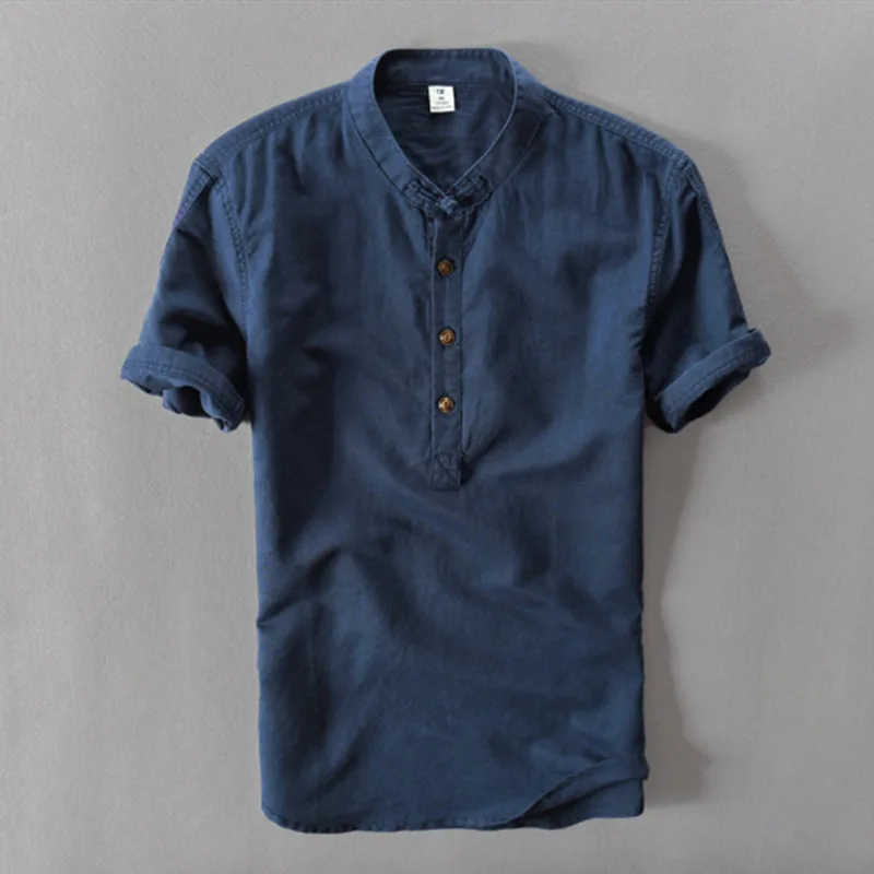 Navy blue Хлопковая Льняная мужская рубашка с коротким рукавом, летняя новинка, Повседневная рубашка большого размера 2XL 3XL, Мужская трендовая рубашка со стоячим воротником, Chemise Homme, RM50062 - Цвет: Navy blue