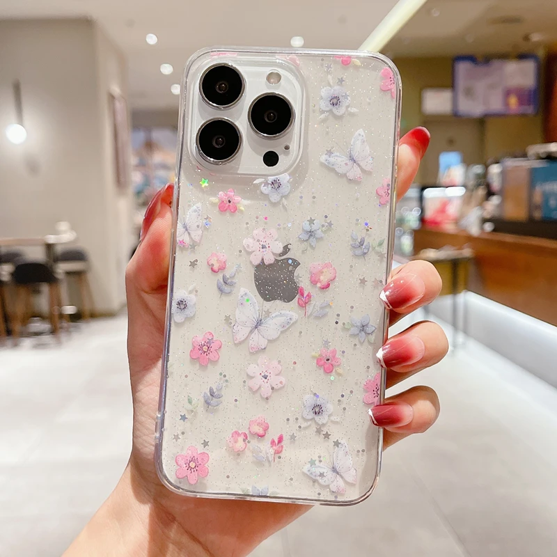 Shining Glitter Star Flowers Case For Iphone 13 12 11 Pro XS Max Mini X XR 7 8 Plus SE2020 Ultra-thin Transparent Soft Tpu Cover 13 pro max case