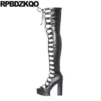 

Peep Toe Gladiator Snakeskin Pole Dancing Over The Knee Brand Chunky High Heel Dance Sandals Big Size Thigh Boots For Plus Women